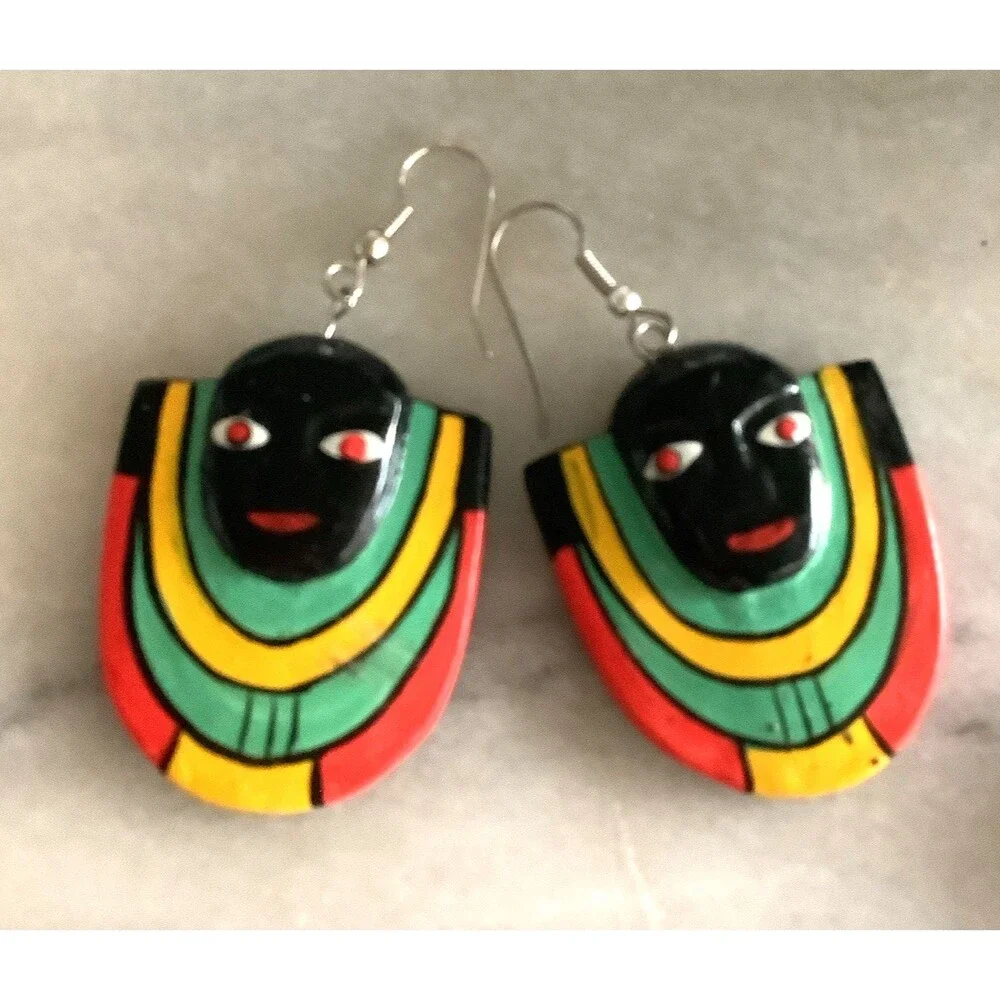 Face Mask Earrings Hand Painted Tribal Statement Dangle Bold Colorful